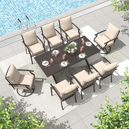 ALAULM 9-Piece Patio Dining Table and Chairs for 8 Outdoor Dining Set with 2 Swivel Chairs Patio Dining Sets with Rectangular Metal Table with Umbrella Hole for Patio, Backyard, Garden-Sand by ALAULM