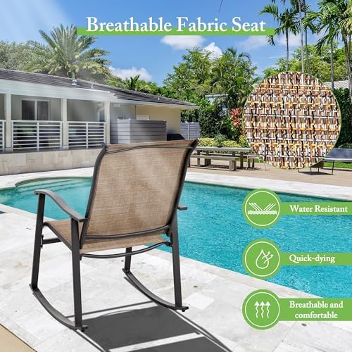 Shintenchi Rocking Chair Outdoor with Table, 3 Piece Rocking Patio Bistro Set, Outdoor Furniture Set with Metal Frame and Textilene Fabric for Small Space, Brown - Image 4