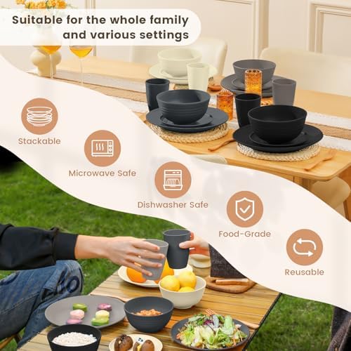Homienly Wheat Straw Dinnerware Set - Dinner Plates, Cereal Bowls, Drinking Cups Set, Unbreakable 16 PCS Dish Set, Microwave and Dishwasher Safe Dishes for Home, Outdoor - Grey Stone - Image 6