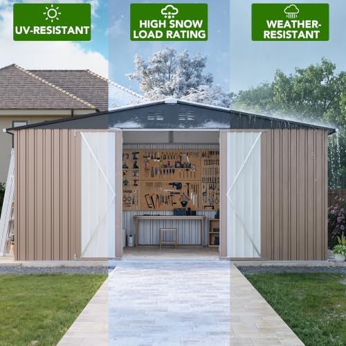 MXV 14 x 12FT Outdoor Storage Shed, Metal Garden Shed with Windows, Double Lockable Doors & Sloped Roof, Tool Sheds for Backyard Garden Patio Lawn, Brown - Image 4