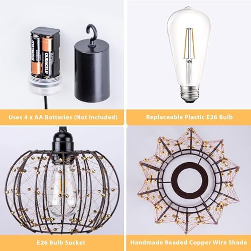 Battery Operated Hanging Chandelier Outdoor, Set of 3 with Remote, No Wiring, Boho Copper Wire Beaded Pendant Light, IP55 Weatherproof, Dimmable Timer, for Gazebo Pergola Porch Patio Decor - Image 5