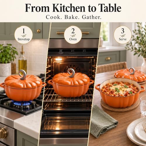 Pumpkin Cocotte, Dutch Oven Pot With Lid,Cast Iron Cooking Pot,Non Stick Pumpkin Pot,Stew Soup,Serves 3-5,Halloween Thanksgiving Decor Gift (Orange) - Image 6