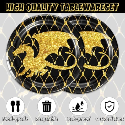 40Pc Gold Black Dragon Party Plates and Napkins for 20 Guests - Tableware Black and Gold Dragon Supplies for Fantasy Baby Shower Birthday Party Decorations - Image 3