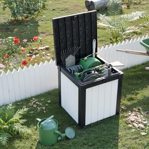 ROJIK Outdoor Storage Housing Deck Box - Waterproof Patio Furniture, Garden Tools, Cushions, Pool Accessories Storage Bench with Lockable Lid and Side Handles (Black & Whiter, 50 Gal) - Image 5