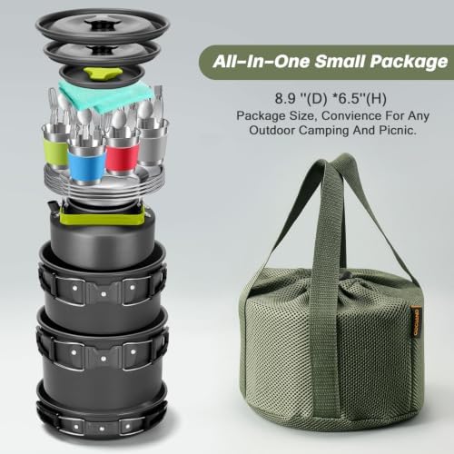 Odoland 29pcs Camping Cookware Mess Kit, Non-Stick Lightweight Pots Pan Kettle, Collapsible Water Container and Bucket, Stainless Steel Cups Plates Forks Knives Spoons for Outdoor Backpacking Picnic - Image 6