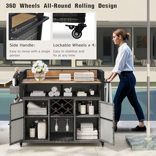 LUMISOL LUMISOLOutdoor Grill Cart with Extended Table Top, Outdoor Wicker Storage Cabinet with Storage Cabinet, 52.8" W Kitchen Island on Wheels for Backyard Garden, Double Handle, Grey - Image 6