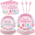 96 PCS Donut Party Tableware 6th Birthday Plates and Napkins Decorations Disposable Donuts Happy Birthday Party Tableware Supplies Sweet Sassy 6th Plates Napkins Decor for Kids Gatherings Decorations by Oitnlaughter