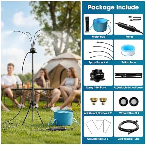 5.3FT Standing Misters for Outside Patio,Portable Misting Cooling System with 12L Bucket,Booster Pump,26.5FT Water Line & 6 Brass Nozzles,Adjustable Height Water Mister for Patio, BBQ, Pool - Image 7