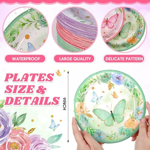 80 Pieces Butterfly Birthday Party Plates, 7 Inch Butterfly Paper Plates Spring Floral Disposable Dinnerware Decoration for Baby Shower Bridal Wedding Party Supplies - Image 2