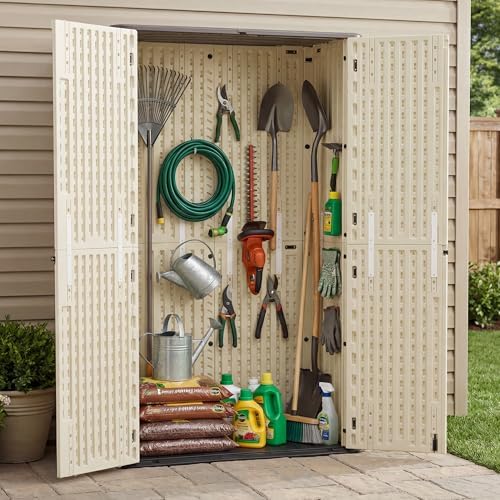 Allpop Tall Outdoor Storage Shed, 61 Cu.Ft Vertical Resin Storage Cabinet with Floor for Trash Cans, Patio & Garden, Khaki - Image 2