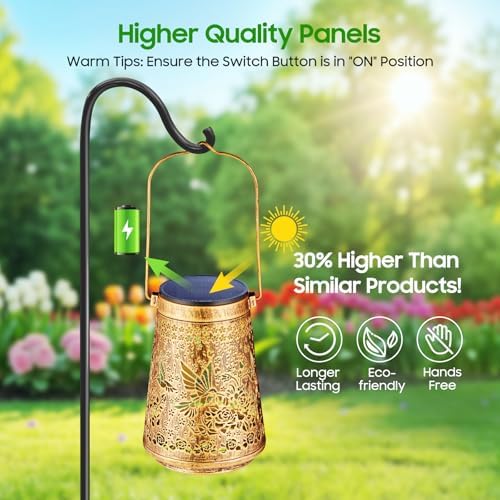 2 Pack Solar Lanterns Outdoor Waterproof Birthday Gifts for Women Mom Grandma, Hollowed-Out Metal Hummingbird Hanging Solar Lantern Lights Garden Decor, 2 Modes Hanging Solar Lights for Yard, Patio - Image 5