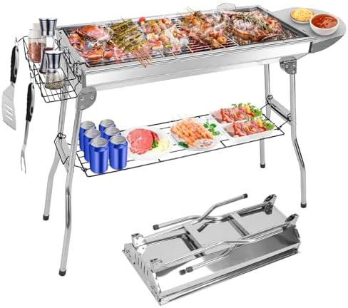 Portable Charcoal Grill, Large Stainless Steel Folding BBQ Grill with Storage Shelf, Foldable Barbecue Grill for Outdoor Cooking Camping Hiking Backyard Garden Picnic Parties Kabob (39x13.4x28 Inch) by TeqHome