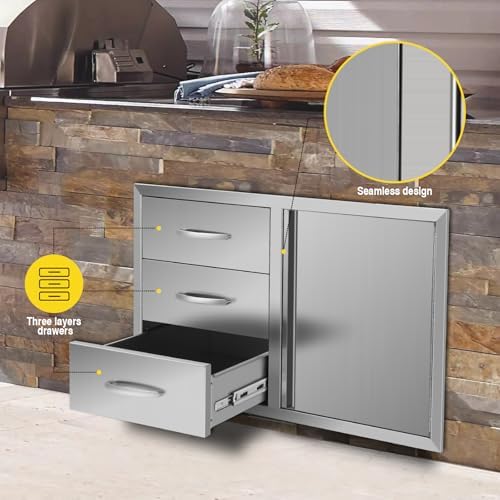 38.3''W x 22.7''H x 20.7''D Outdoor Kitchen Drawer Combo Cabinet BBQ Access Triple Drawers Combo with Single Door for BBQ Island Grill Station - Image 6