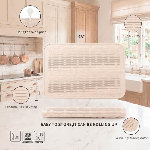 MicoYang Silicone Dish Drying Mat for Multiple Usage,Easy clean,Eco-friendly,Heat-resistant Silicone Mat for Kitchen Counter or Sink,Refrigerator or Drawer Liner Tapioca 5XL 36inches x 18inches - Image 2