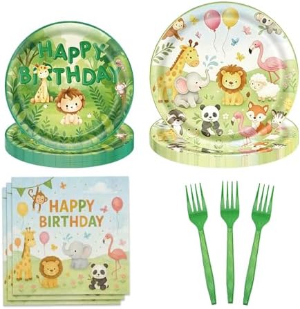CHANGZHONG 65 Pcs Jungle Animal Themed Birthday Party Plates Zoo Party Decorations Paper Plate Tissue Set by Exquisitehighqualitypartydecorationstomeetyoureveryneed%EF%BC%81