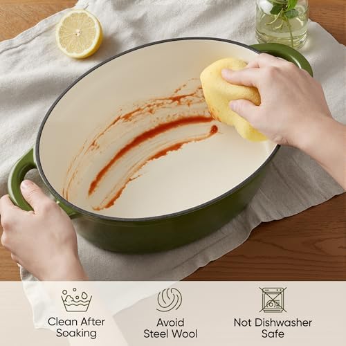 Oval Dutch Oven for Bread Baking, 4.5 Quart Non Stick Enameled Cast Iron Dutch Oven Pot with Lid, Oven Safe Oval Casserole with Lid up to 500°F for Baking, Braising, Stews, Roasting, Golden Green - Image 7