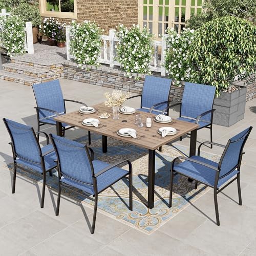 HERA'S HOUSE 7pc Patio Dining Set, Outdoor Wood-Like Metal Table & 6 Chairs by HERASHOUSE