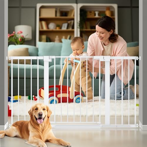 29-57 inches Extra Wide Metal Baby Gate for Stairs/Doorways, 30 inches Tall Pressure Mounted Pet Gates, Auto-Close Child Safety Gate, No Drilling Easy Walk-Through Dog Gate Indoor, White - Image 2