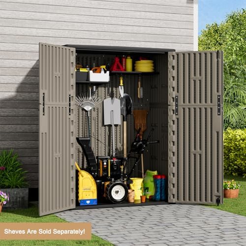 KINYING Outdoor Vertical Storage Shed,57 Cu.ft Outdoor Storage Cabinet Waterproof,Resin Sheds & Outdoor Storage Clearance for Garden,Patio,Backyard,Lockable (Brown) - Image 5