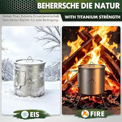 THTYBROS Titanium Cup Ultralight Camping Mug with Foldable Handle & Lid, Pure Titanium Cookware for Outdoor Hiking, Backpacking, Picnic, and Campfire - Image 2