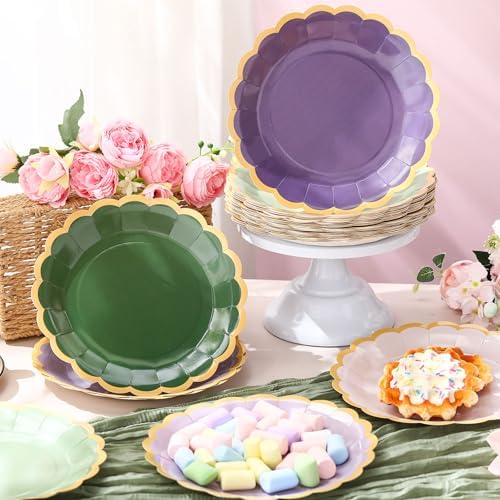 48 Pcs Sage Green Purple Paper Plates 9 Inch Scalloped - Image 2