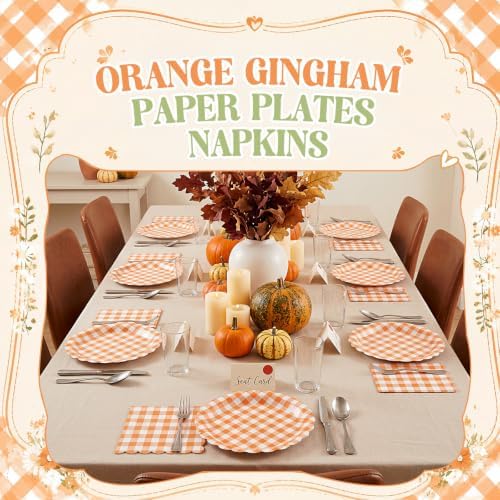 Roshtia 120 Pcs Orange Gingham Plates and Napkins Set for Fall Baby Shower - Image 5