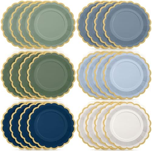48 Pcs Dusty Blue Sage Green Paper Plates 9 Inch Green Blue Scalloped Paper Disposable Dinner Dessert Plates for Birthday Wedding Bridal Party Supplies, 6 Colors by Tiangrid