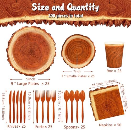 200 Pieces Camping Wood Grain Slice Party Supplies Set Paper Plate Cup Napkin for Camping Woodland Baby Shower Lumberjack Birthday Featuring a Round Wooden Slice Die Cut Edge Design Serve 25 - Image 2