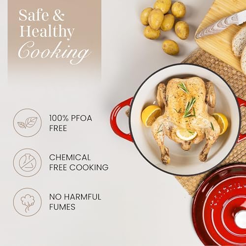 Nuovva Enamelled Cast Iron Dutch Oven Pot with Lid-6.4 Quart Non Stick Casserole Pot-Heavy Duty & Oven Safe up to 500° F for Bread Baking, Braising, Stews, Roasting - 28cm Red - Image 4