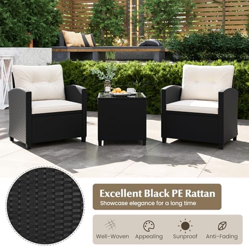 Tangkula 3 Piece Patio Furniture Set, Rattan Conversation Set w/Soft Seat & Back Cushions, Tempered Glass Topped Coffee Table, Cushioned Wicker Seating Set for Backyard, Porch, Poolside (Off White) - Image 6