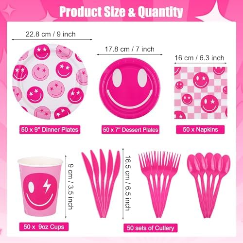Kochorie 350 PCS Preppy Smiley Face Party Supplies Set for 50 Guests Includes Preppy Party Plates Cups Napkins Utensils for Birthday, Smiley Face Theme, Preppy Party Decorations Disposable Tableware - Image 2