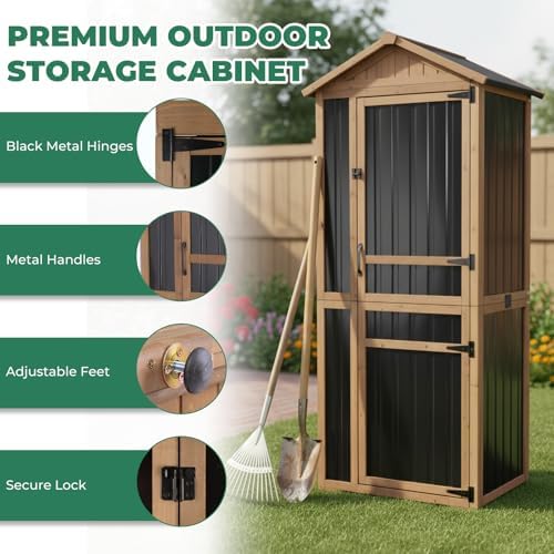 Large Outdoor Storage Cabinet with 4 Shelves, Wood Outdoor Storage Shed with Weatherproof Roof, Lockable Doors, Tall Outdoor Patio Cabinets for Garden Tool and Accessories, Brown - Image 3