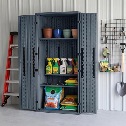 ZYJOYY Outdoor Storage Cabinet with 4 Shelves, 31.5" x 23.23" x 66.22" Grey Waterproof Resin Vertical Tool Shed, Lockable 30 cu.ft. Storage Shed for Patio, Garden, Yard - Image 6