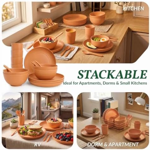 Wheat Straw Dinnerware Sets, Homienly 20pcs Unbreakable Microwave Dishwasher Safe Tableware Lightweight Bowls, Cups, Plates Set Reusable Dinner Plates Bowls set (Orange) - Image 6
