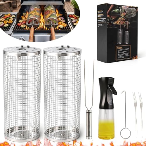 7-Piece BBQ Set, 2 Rolling Grill Baskets for Effortless Flipping,Grilling Tools or Fish,Shrimp,Meat,Vegetables,Fries Food,Outdoor Camping Grilling Accessories,Gifts for Men Dad Husband - Image 2