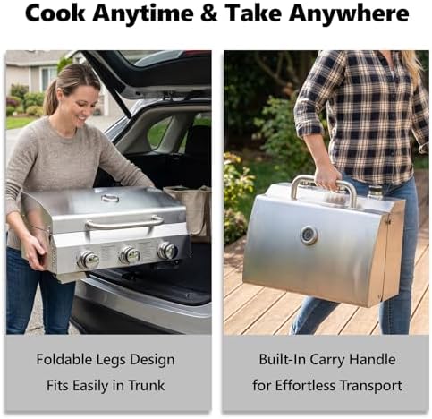 Bonnlo 3 Burner Portable Gas Grill, 30,000 BTU Tabletop Camping Grill with Ignition & Lockable Lid, Stainless Steel Propane Grill with Foldable Legs & Thermometer for Outdoor Patio BBQ RV Use - Image 4