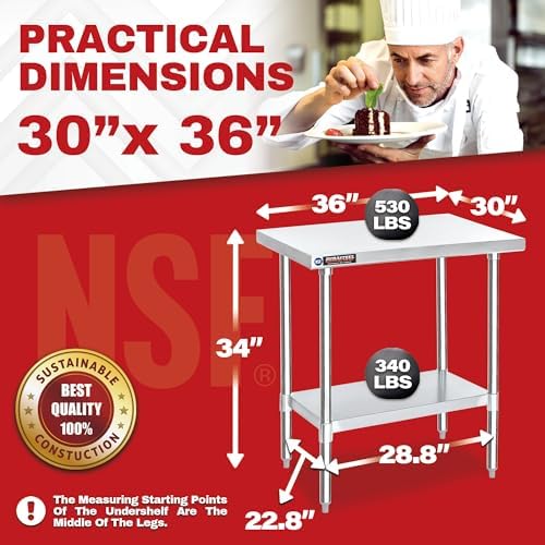 DuraSteel 30x36 Stainless Steel Work Table - NSF Commercial Prep Metal Table - Outdoor Pizza Oven Stand w/Under Shelf - Kitchen Island Laundry Utility Garage Microwave Stand Large Rolling Storage Cart - Image 3