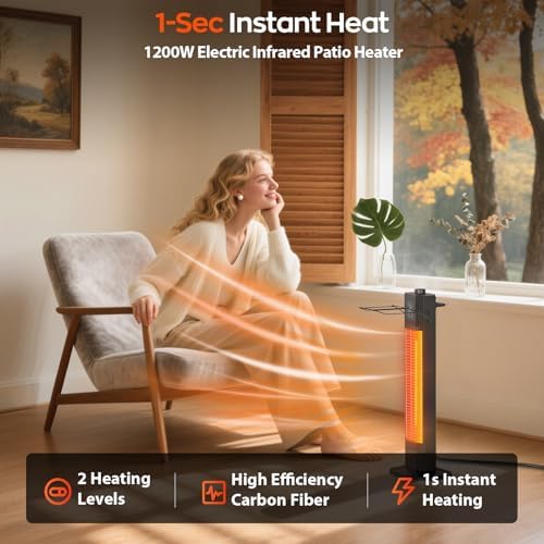 Outdoor Electric Patio Heater, 27-inch Infrared Tower Heater with 1200W Instant Heating, IPX5 Waterproof, Tip-Over & Overheat Protection, Space Heater for Patio Garage Workshop Indoor & Outdoor Use - Image 3