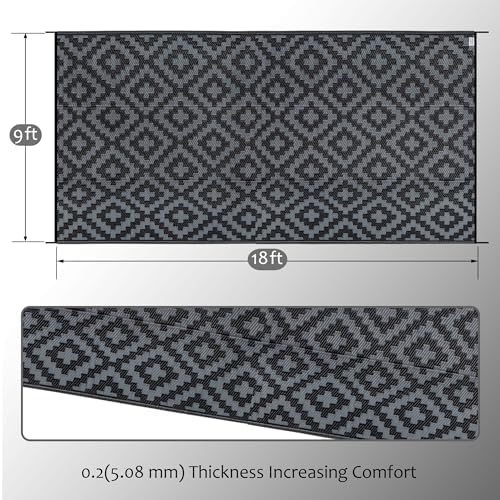 SAND MINE Waterproof Outdoor Rug 9x18 ft, Plastic Reversible Rug, Modern Area Rug, Large Floor Mat for Outdoors, RV, Patio, Backyard, Deck, Picnic, Beach, Camping, Black Grey Lattice - Image 2