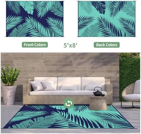 GENIMO Outdoor Rug, Waterproof Plastic Rugs for Patio, 5'x8' Blue Green - Image 2