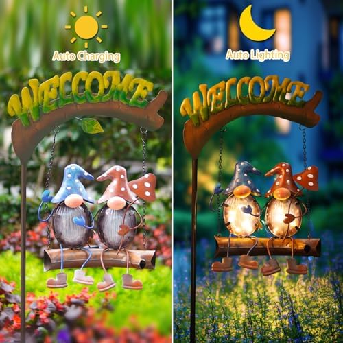 HONGLAND Gnomes Garden Decor Solar Lights, 48 Inch Welcome Sign Swing Christmas Yard Decorations Outdoor Decorative Stake for Lawn Porch Backyard Patio, Gnome Gardening Gifts for Women Mom - Image 3
