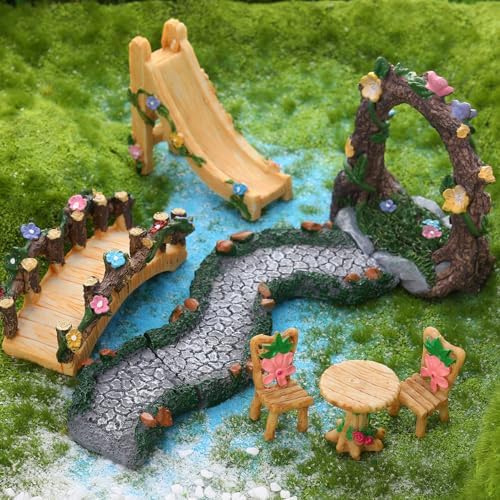 8 Pcs Fairy Garden Accessories Miniature Furniture Bridge Slide - Image 6
