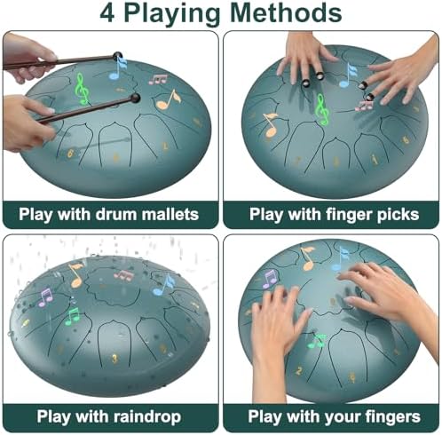 D Major Steel Tongue Drum Handpan, 12 Inch 13 Note Rain Drum for Garden Outside, Meditation Rain Chime, Musical Percussion Instrument for Adult Gift with Bag, Music Book, Drum Mallets (Moss Blue) - Image 4