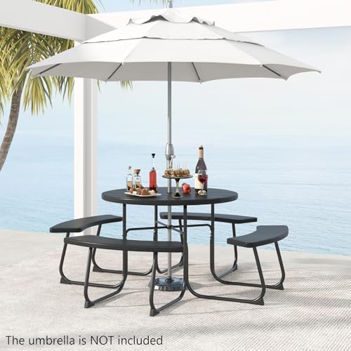 COSTWAY Round Outdoor Picnic Table with Bench Set for 4-8 People (Black) - Image 2