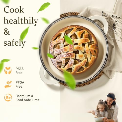 Overmont Enameled Cast Iron Dutch Oven - 4.5QT Pot with Lid Cookbook & Cotton Potholders - Heavy-Duty Cookware for Braising, Stews, Roasting, Sourdough Baking Cream White - Image 2