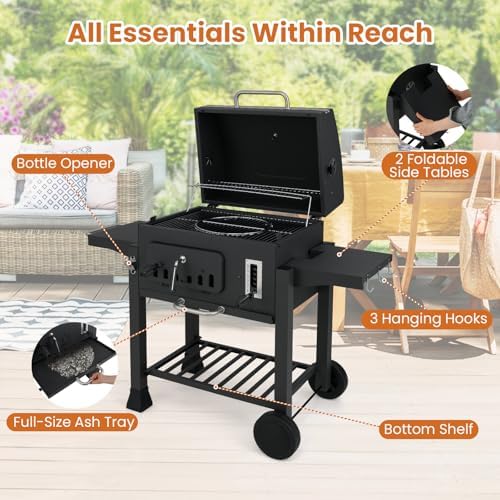Happygrill Barrel Charcoal Grill with 2 Folding Side Tables & 2 Wheels - Image 7