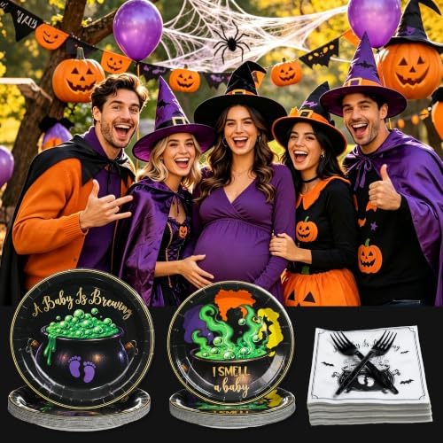 125Pcs Halloween Baby Shower Tableware, A Baby is Brewing Paper Plates Napkins Forks|Spooky Cauldron & Footprint Design, for Halloween Gender Reveal Bash Celebration - Image 7