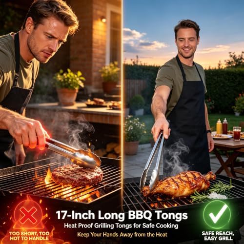 Grill Tongs, BBQ tongs - 12" & 17" Extra Long Kitchen Tong, 600 Degrees Heat Resistant Stainless Steel tong, Heavy Duty Metal Locking Tongs for Cooking, Grilling, Outdoor Barbecue, Set of 2 - Image 5