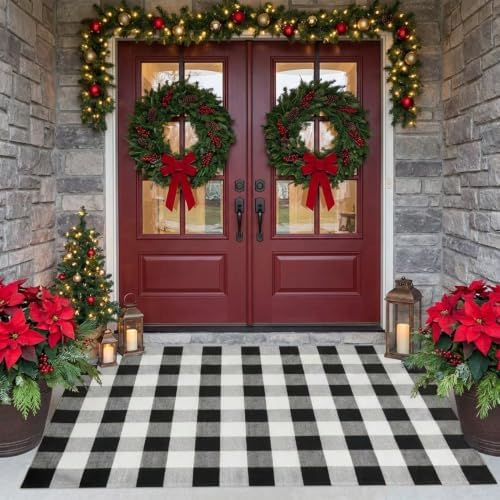 SEEKSEE Fall Decor Buffalo Plaid Rug 4' x 6' Black and White Large Front Door Mat, Layering Area Rug, Washable Cotton Rug for Outdoor Patio Entryway Indoor Living Room Kitchen Dining Room Decor - Image 2