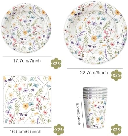 100Pcs Wildflower Party Supplies Spring Floral Wedding Birthday Decoration Include Wildflower Plates Napkins and Cups for Spring Summer Picnic Wedding Baby Shower Tea Party Decor,Serve 25 (White) - Image 4
